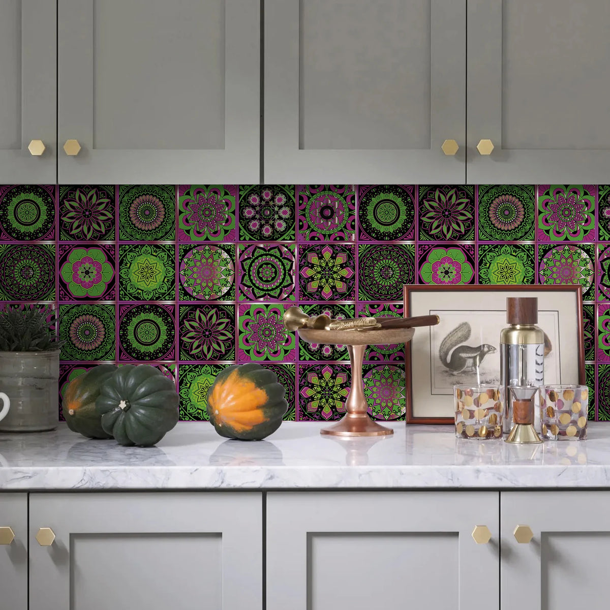 Green and purple tile-pattern self-adhesive wallpaper with ornate round medallion tiles