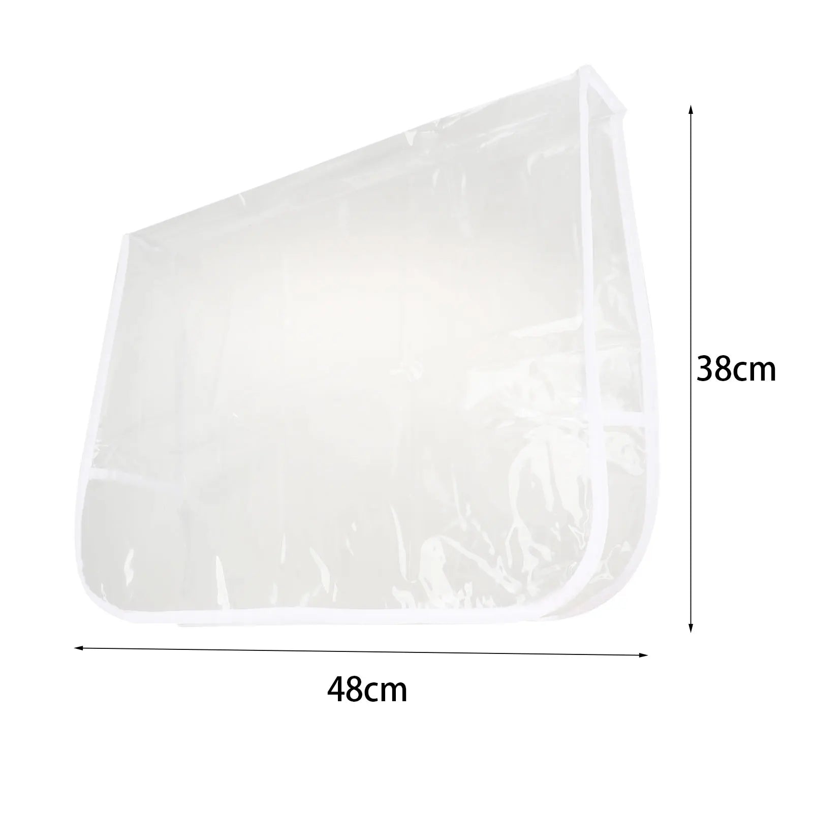 Clear plastic dust-proof handbag storage cover with white trim, 48cm by 38cm, for protecting bags from dust.