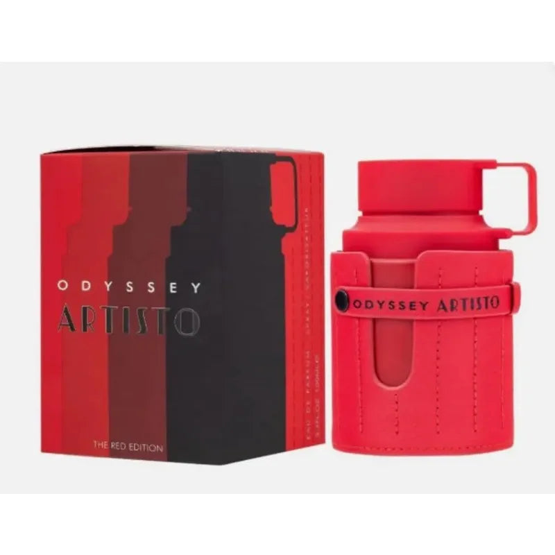 Armaf Odyssey Artisto Red Edition: 100ml men's EDP, designer red leather-wrapped bottle, Middle Eastern cologne spray.
