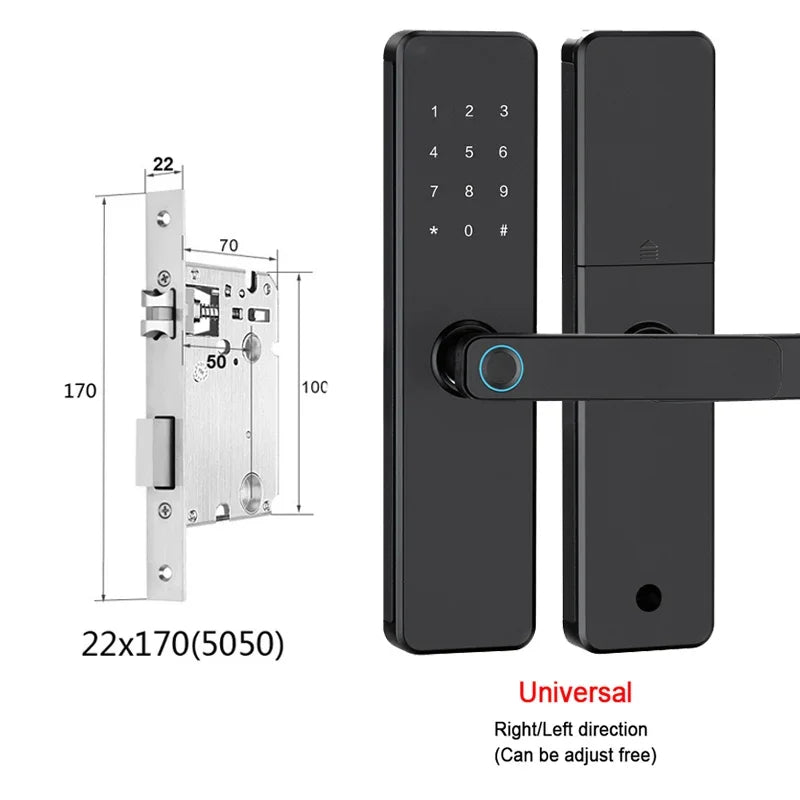 5-in-1 Smart Door Lock with Fingerprint Biometric, Wi-Fi, Tuya APP Control, Touchscreen Keypad – Fits 35-60mm Thick Doors