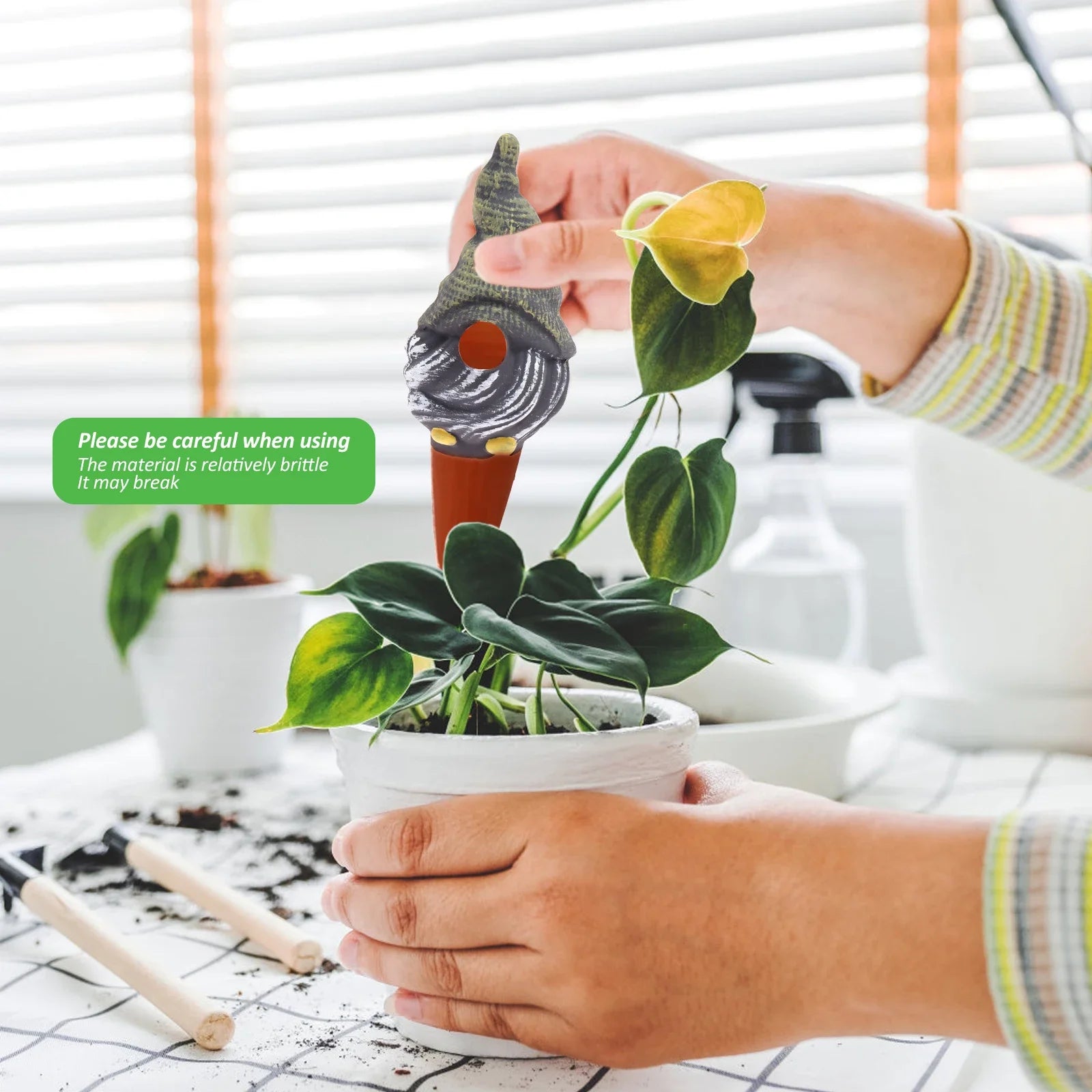 Hands inserting a self-watering globe spike into an indoor plant pot