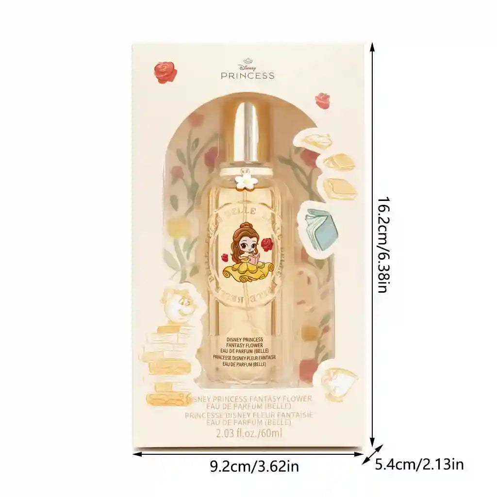 MINISO Disney Belle Fantasy Flower EDP for women. 60ml floral perfume in a clear glass bottle with a gold spray cap.