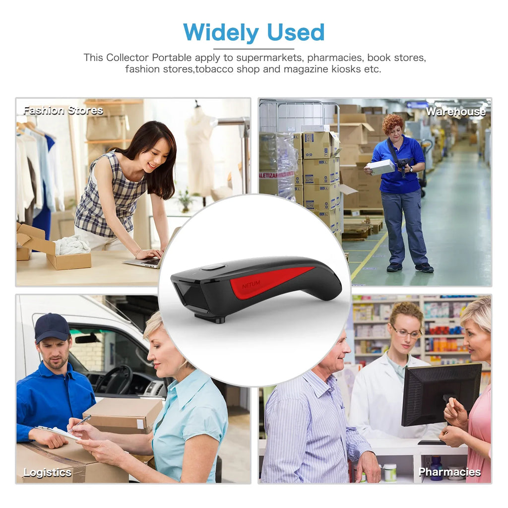 Portable black wireless barcode scanner with red accents for retail scanning