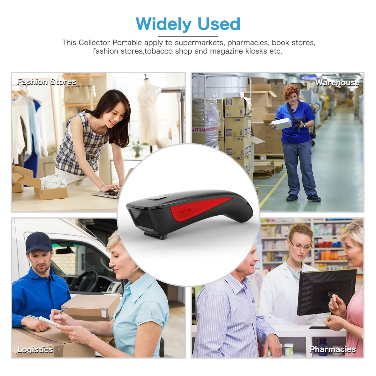 Portable black wireless barcode scanner with red accents for retail scanning