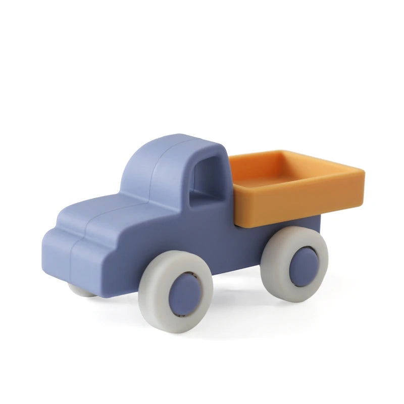 Blue and orange silicone truck baby teething toy for soothing relief.