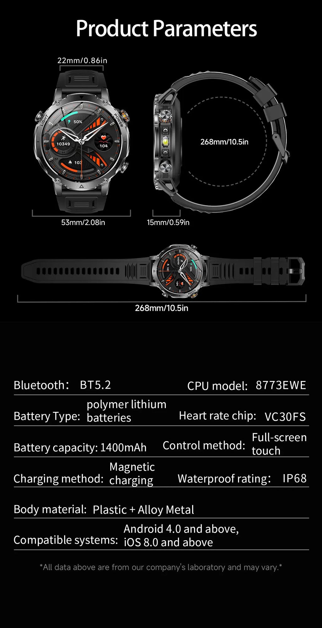 New Military ULtra 1400mAh Huge Battery SmartWatch Two Flashlight 10ATMan Waterproof HD Call 1.73“ 100+Sports Smart watch Man