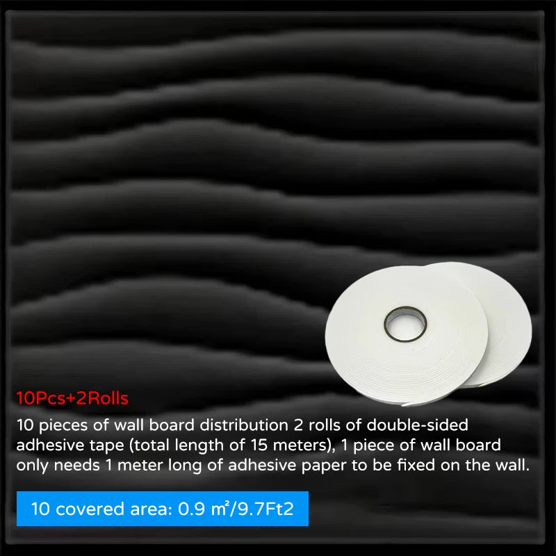 3D wall panel sticker set with wavy relief texture in dark gray/black, with tape rolls