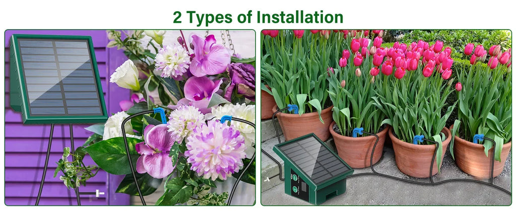 Solar panel drip irrigation kit with two installation setups for potted plants