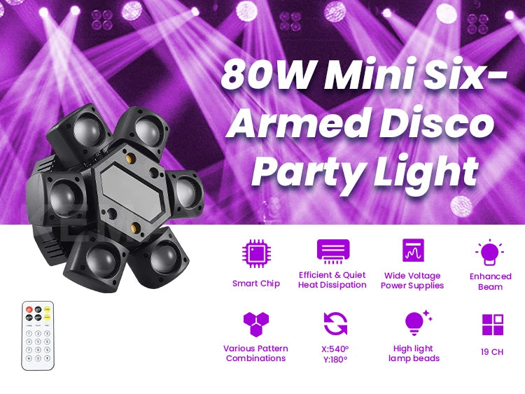 80W Disco Party Light 6-arm Mini Beam Moving Head Strobel Effect Lights Remote DMX512 Control DJ Mobile Stage For Club Wedding