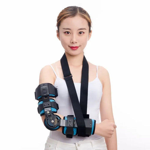 Adjustable hinged elbow brace for orthopedic pain relief, featuring black support frame and blue padded material.