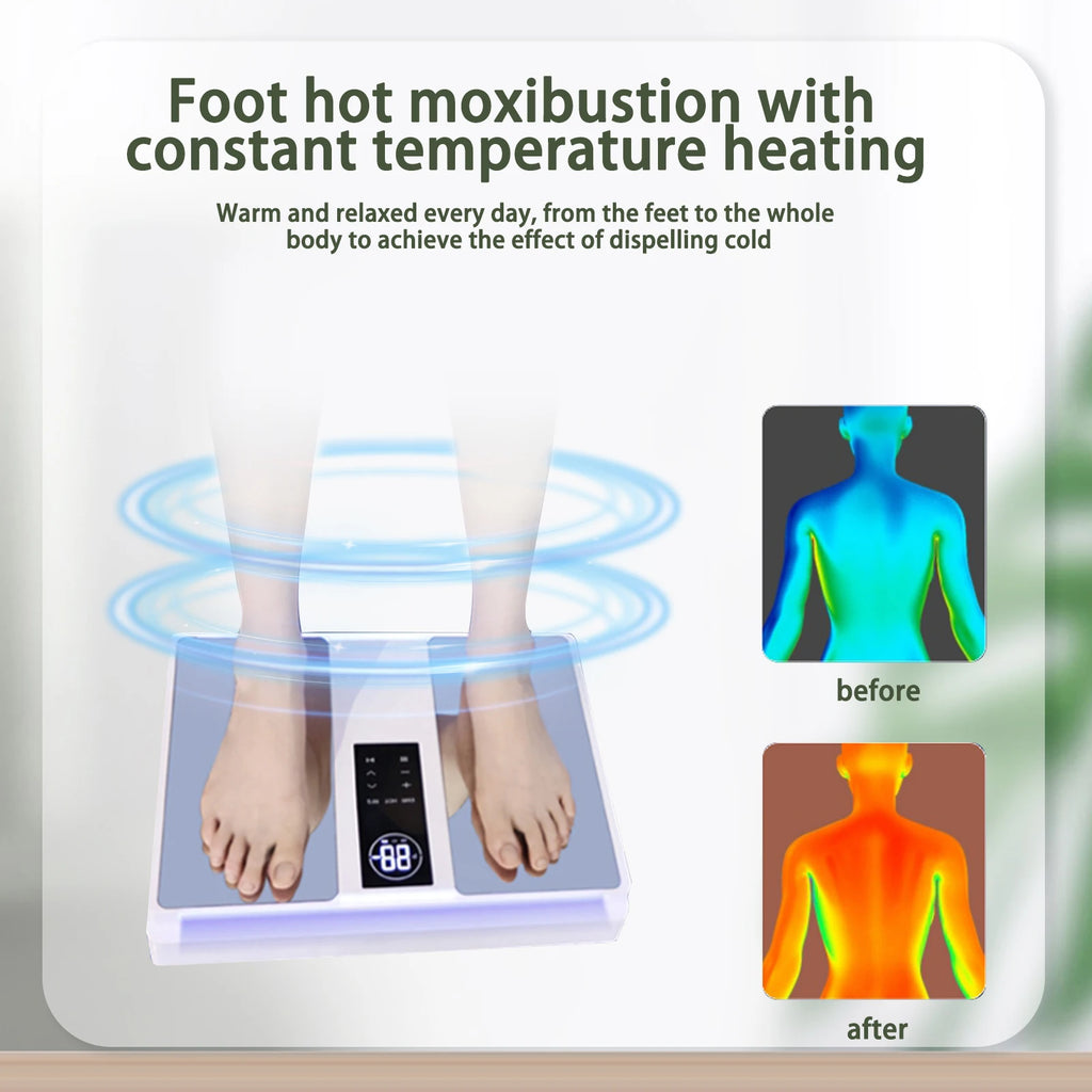 White square electric foot heating pad with a digital display for warming feet and body heat circulation.