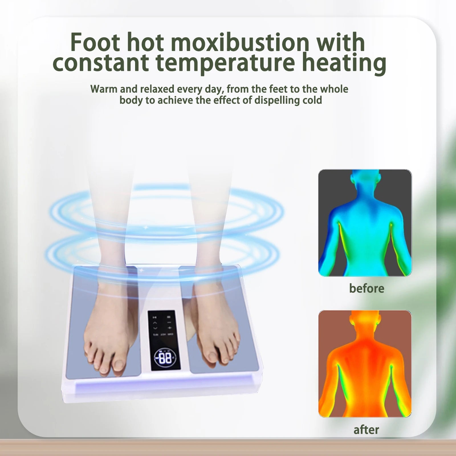 White square electric foot heating pad with a digital display for warming feet and body heat circulation.