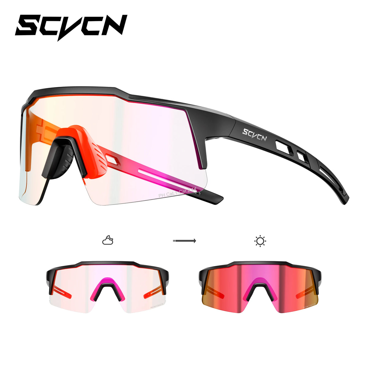 SCVCN photochromic cycling sunglasses, orange-pink gradient lenses, black frame
