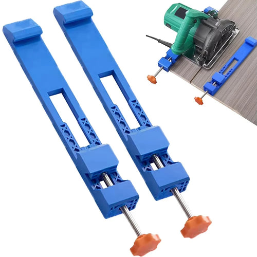 Blue adjustable edge guide clamps with orange knobs for circular saw milling