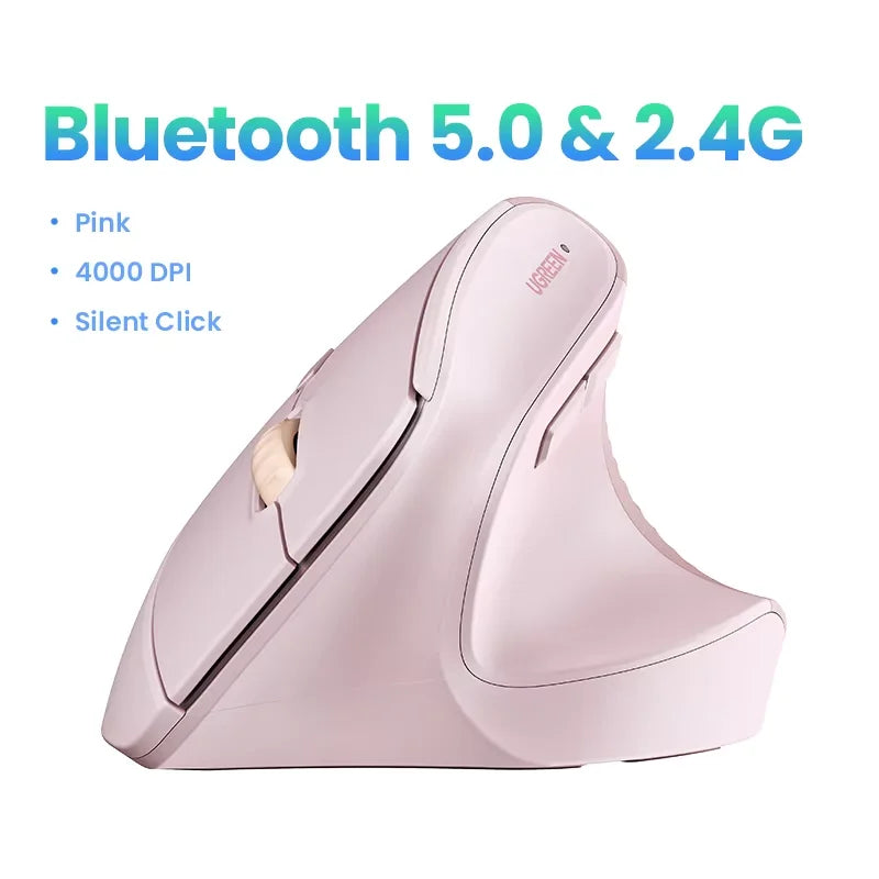 UGREEN Vertical Wireless Mouse 2.4G Ergonomic 4000DPI 6 Mute Buttons for MacBook Tablet Laptops Computer PC Mice Black Pink