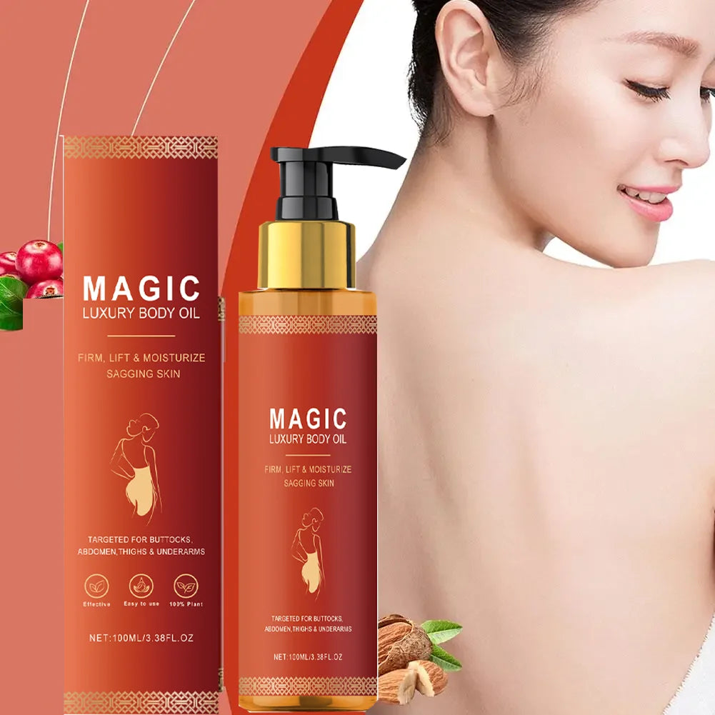 Magic Luxury Body Oil bottle with a black pump, gold accents, and warm red packaging, shown with a woman's back.