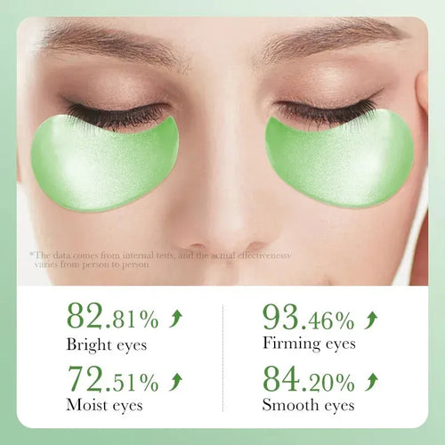 Green crescent eye mask pads on face, moisturizing under-eye coverage