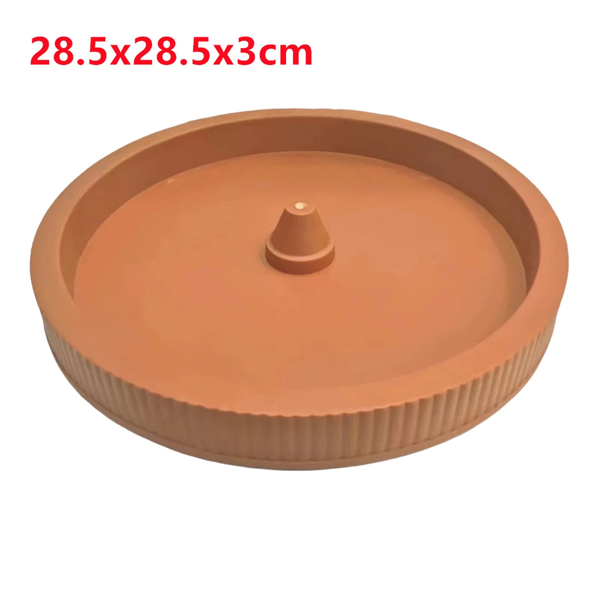 Brown round planter tray with ribbed sides and central raised stand opening.