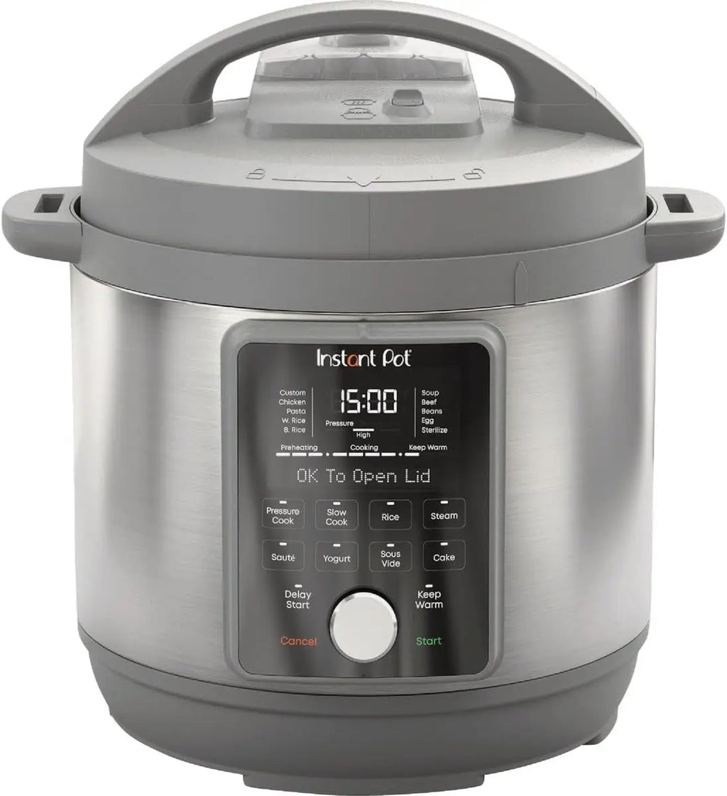 Instant Pot electric pressure cooker with digital control panel, gray lid
