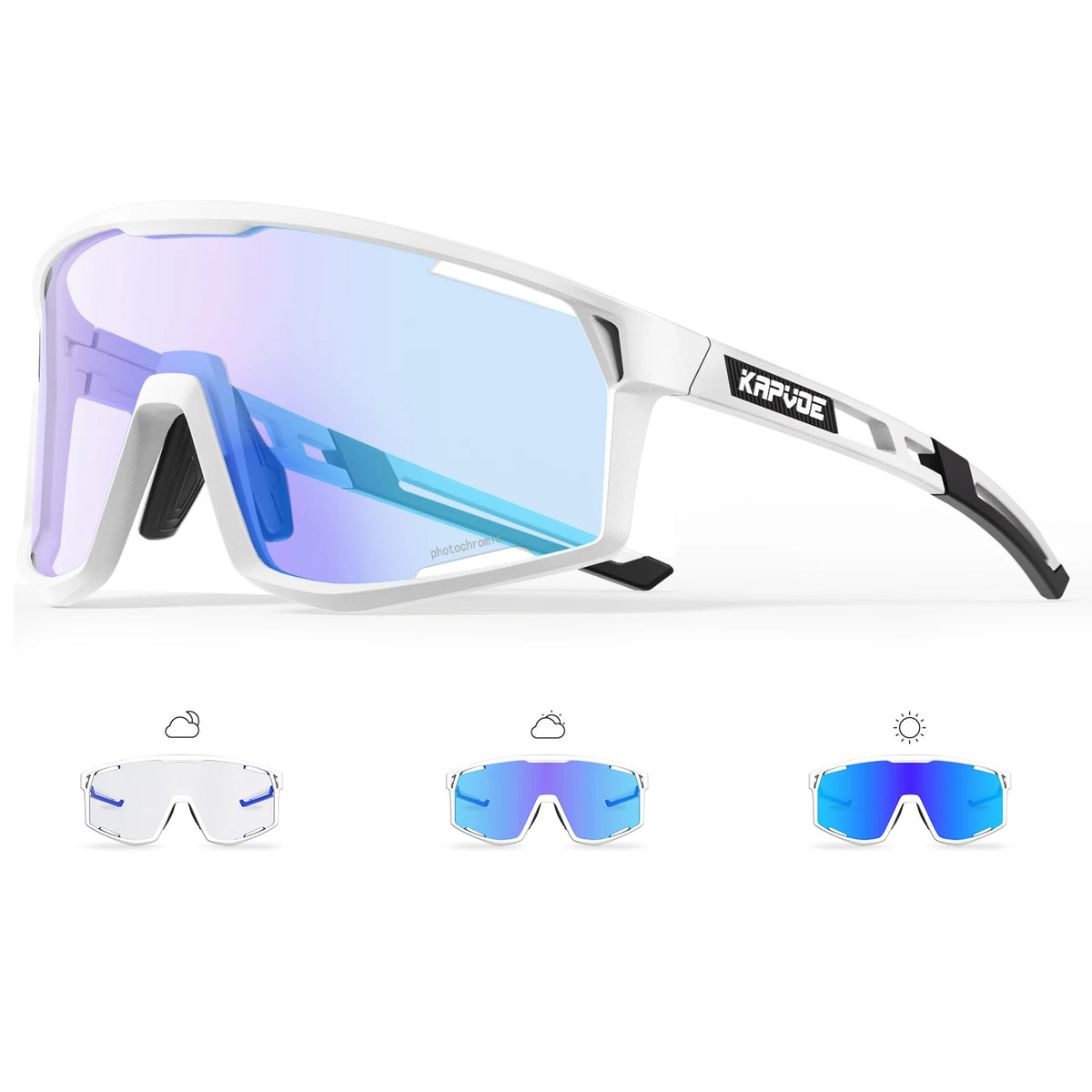 Cycling photochromic sunglasses, white frame, cool blue mirrored lenses