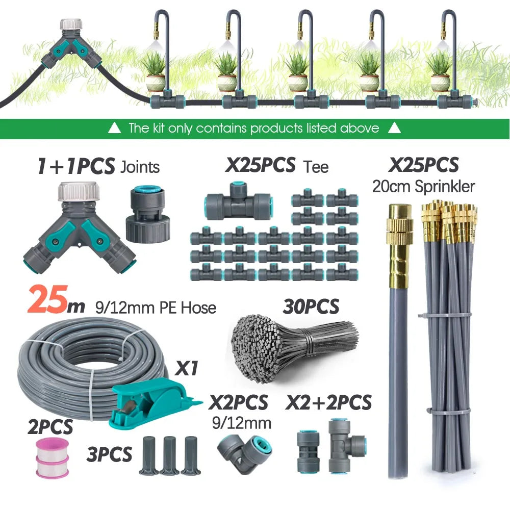 Garden sprinkler irrigation kit with teal tap adapter, hose coil, tee connectors, and brass sprayer stakes