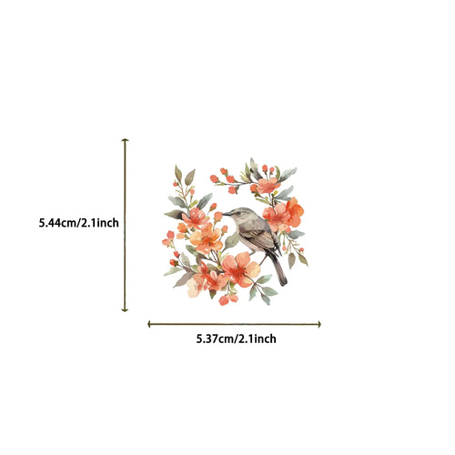 Single watercolor bird sticker with orange flowers, die-cut shape and size markings