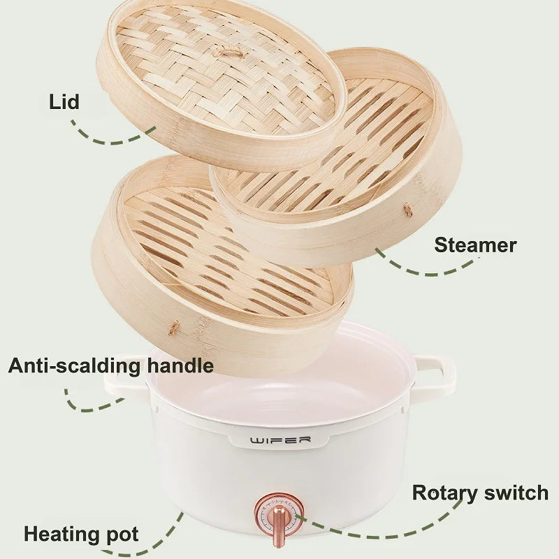 2.2L double-layer bamboo steamer electric cooking pot showing lid, steamer basket, and knob