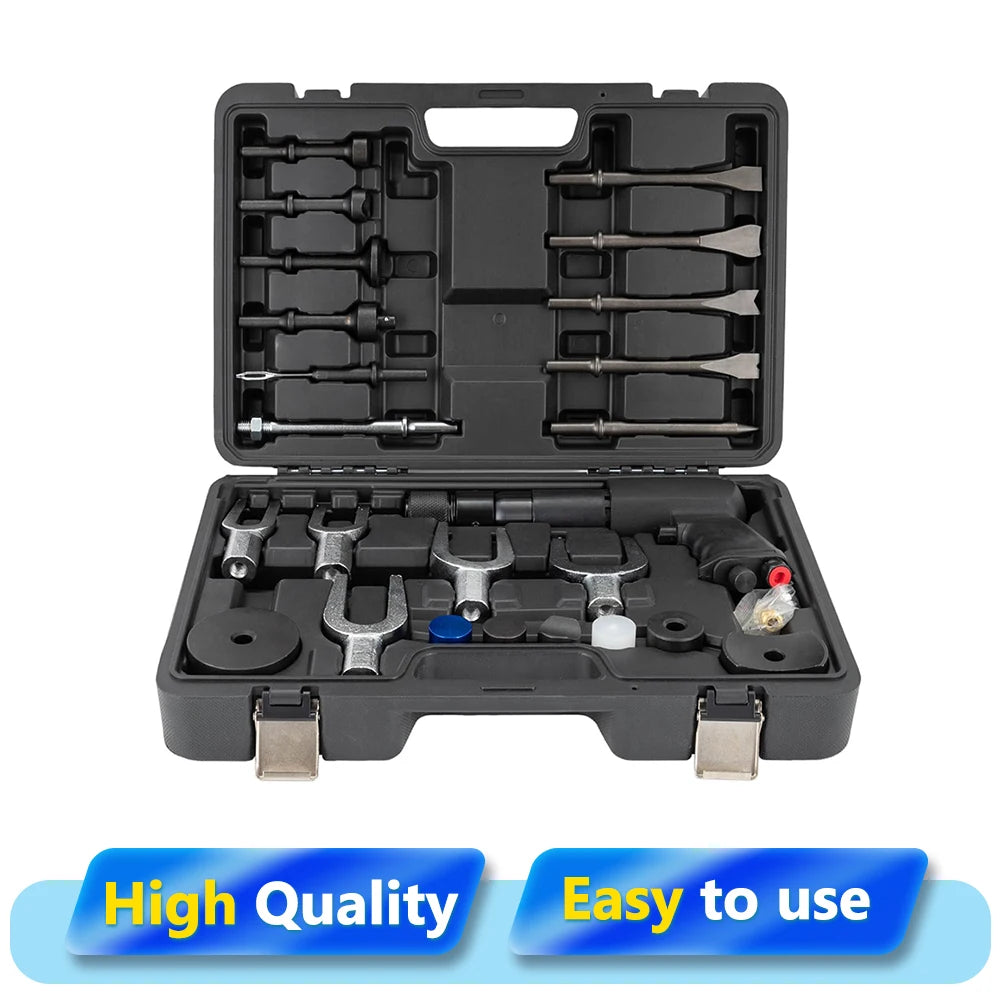 Podofo 25Pcs Air Hammer Kit Multi-functional Pneumatic Hammer Piece Chisel Set Ball Joint Separator Set 2100 BPM Quick Change Retainer Air Hammer Bits