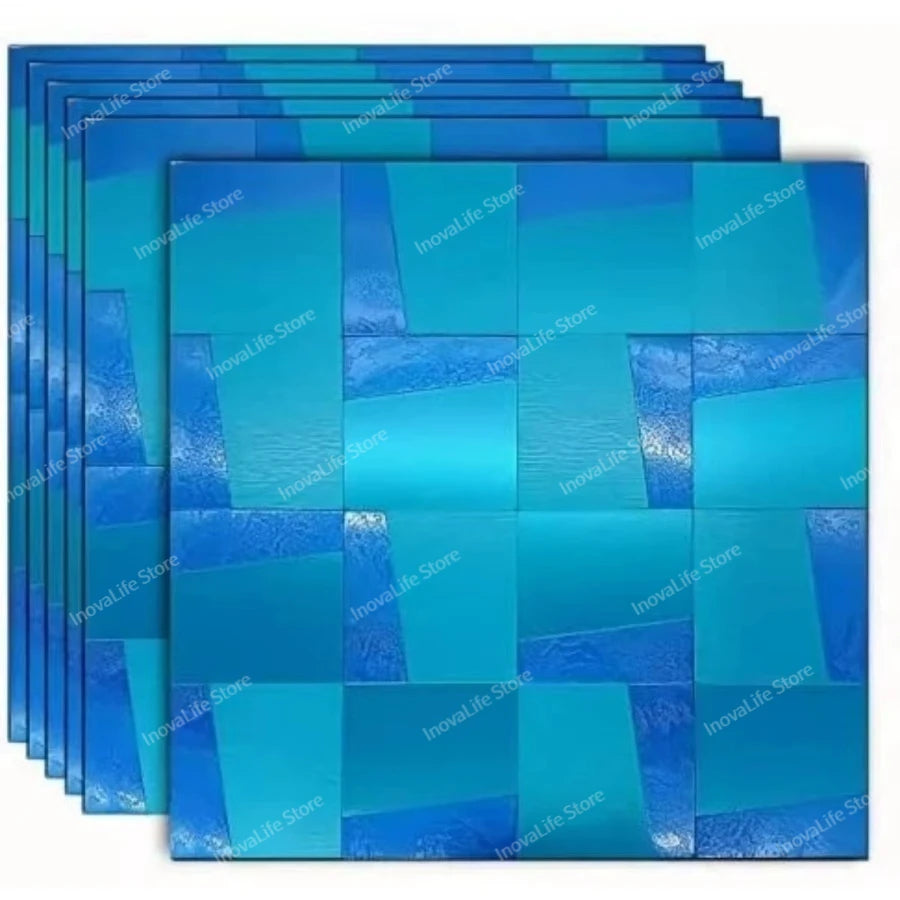 Waterproof 3D wall panel tiles, bright blue mosaic square peel-and-stick set
