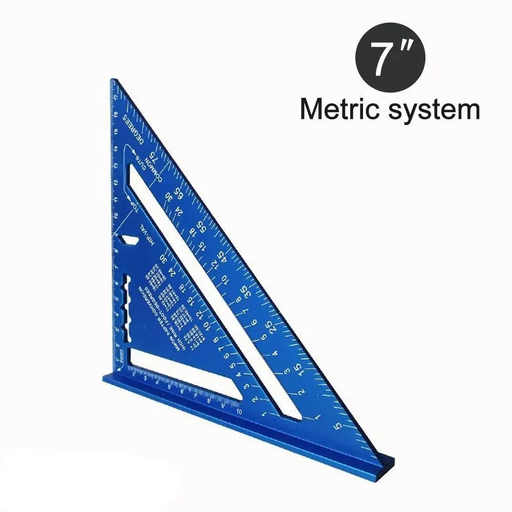 Blue 7-inch triangular speed square measuring ruler with metric markings