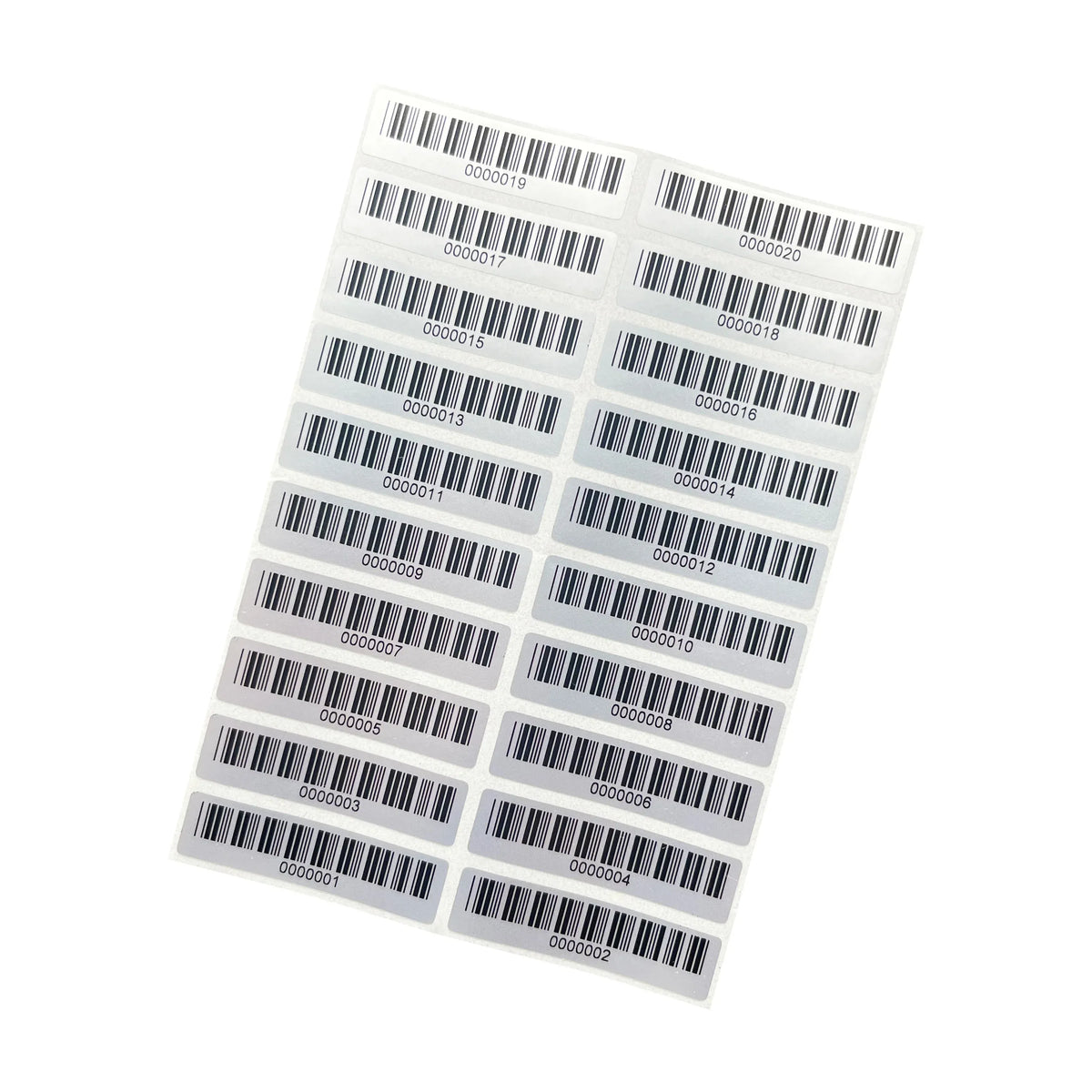 Matte silver PET barcode asset labels sheet with rows of small rectangular barcode labels