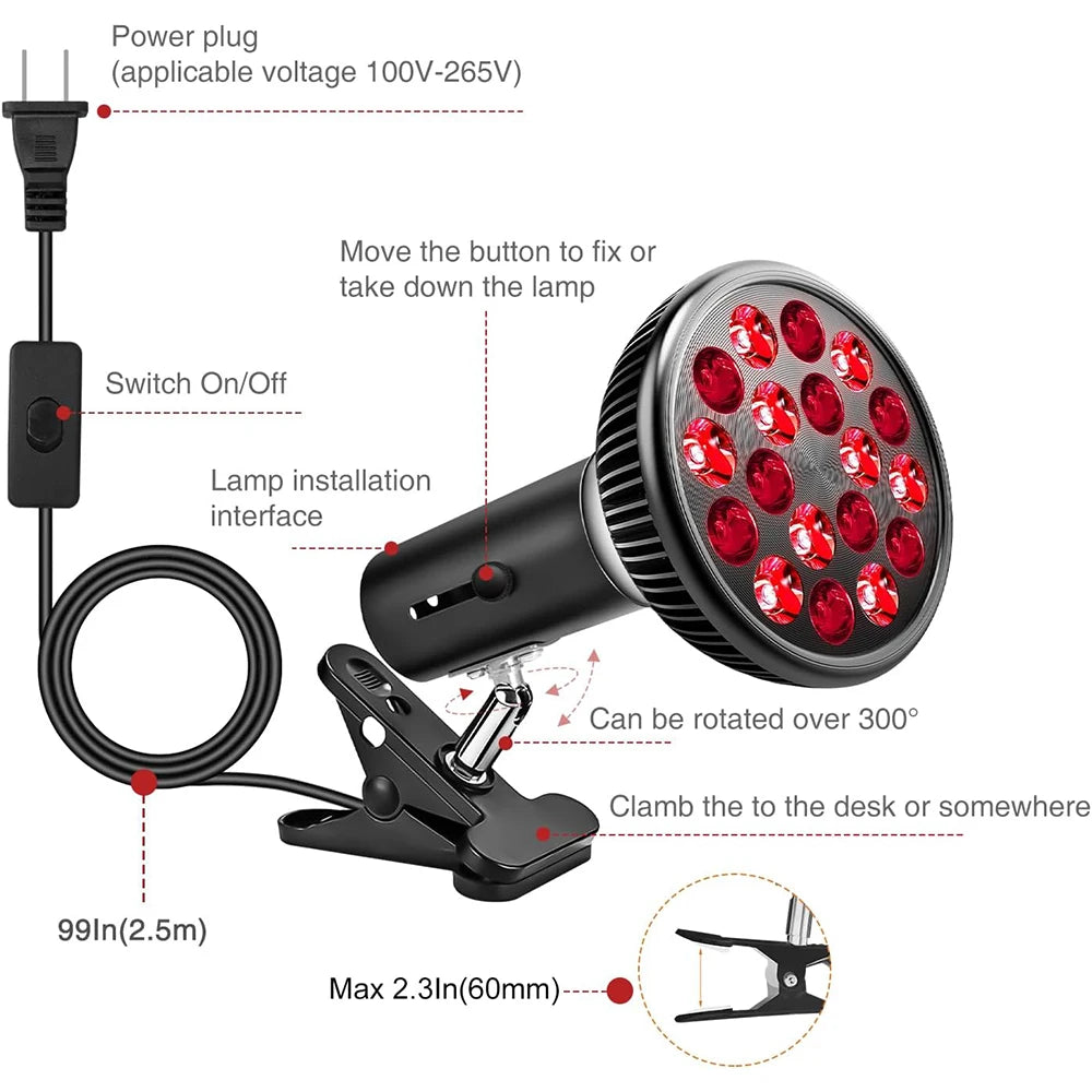 Red Light Therapy Lamp with Holder 300° Adjustable Clamp 660nm&850nm Infrared Combo Bulb for Skin Care Pain Relief and Recovery