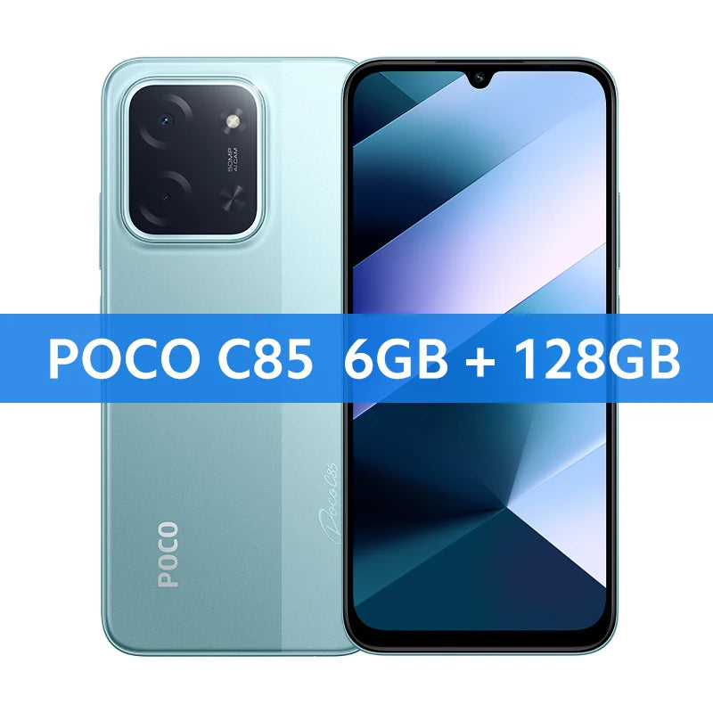 POCO C85 light blue smartphone, 6.9-inch display, 50MP AI dual camera, front and back view, 128GB storage model.