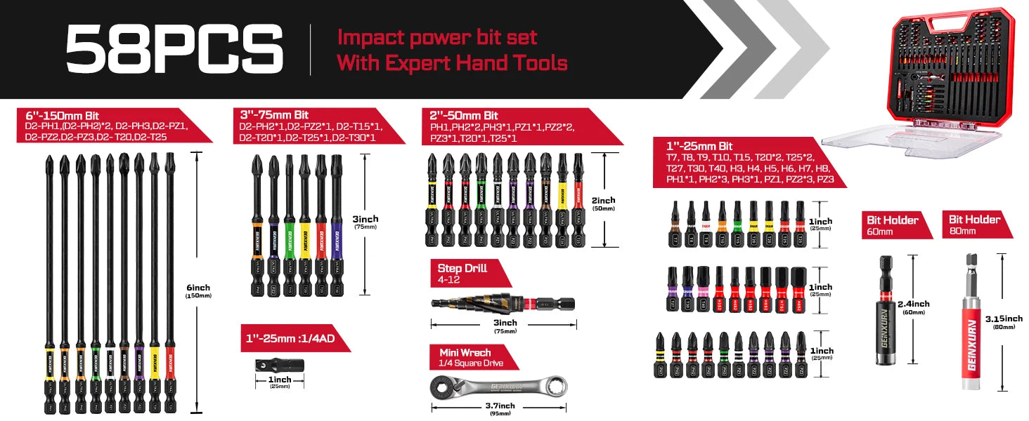 Geinxurn Tools Set Packaged with Screwdriver Bit,Mini Wrench,Socket Driver,Step Drill,Socket Adapter and Bit Holder for DIY