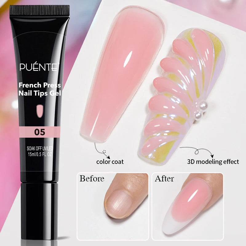 French Press Nail Tips Gel in a 15ml tube, shown with sheer pink color and 3D textured nail art applications.