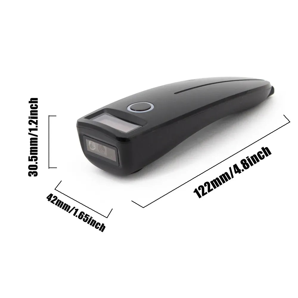 Compact black handheld barcode scanner with size markings for length and width