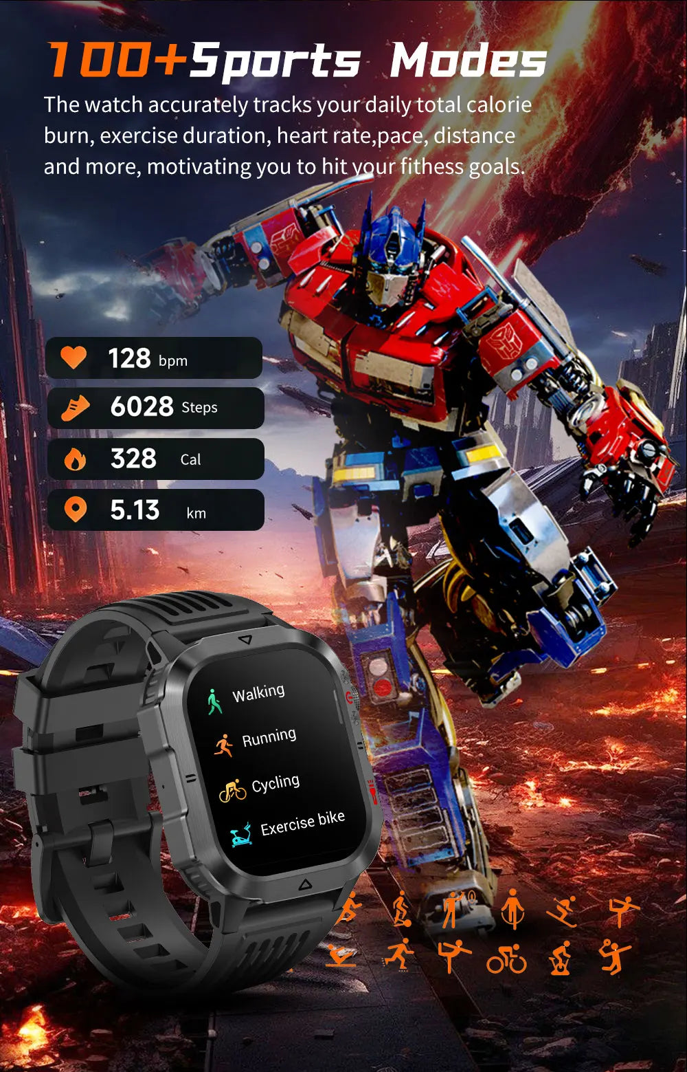 Official Transformers Men Military Smartwatch 1000mAh Big Battery 2.01" HD AMOLED Display Bluetooth Call Waterproof Smart Watch