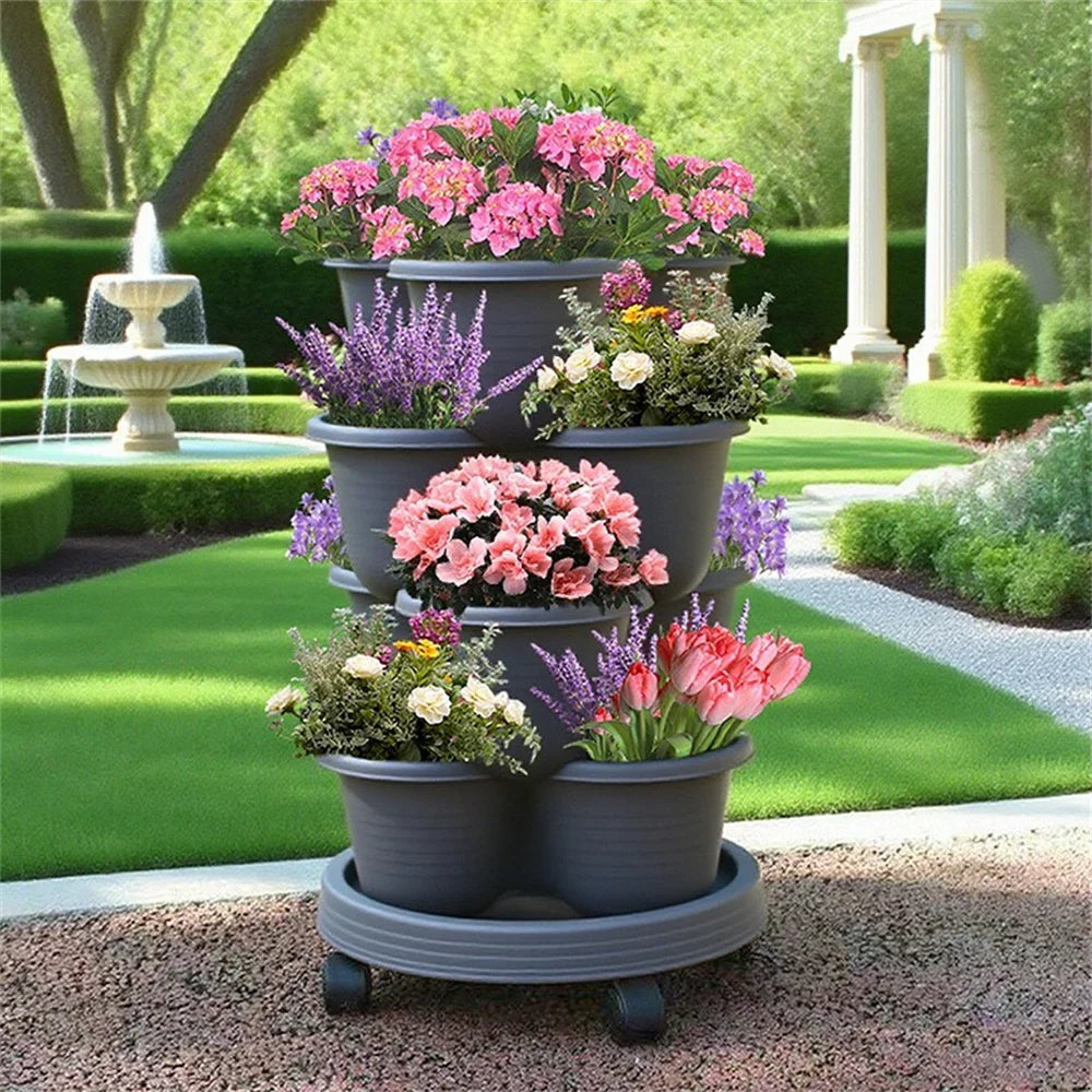 3-4-Tier Stackable 3-Petal Modular Vertical Garden Planter with Wheels Movable for Strawberries, Herbs, & Vegetables,