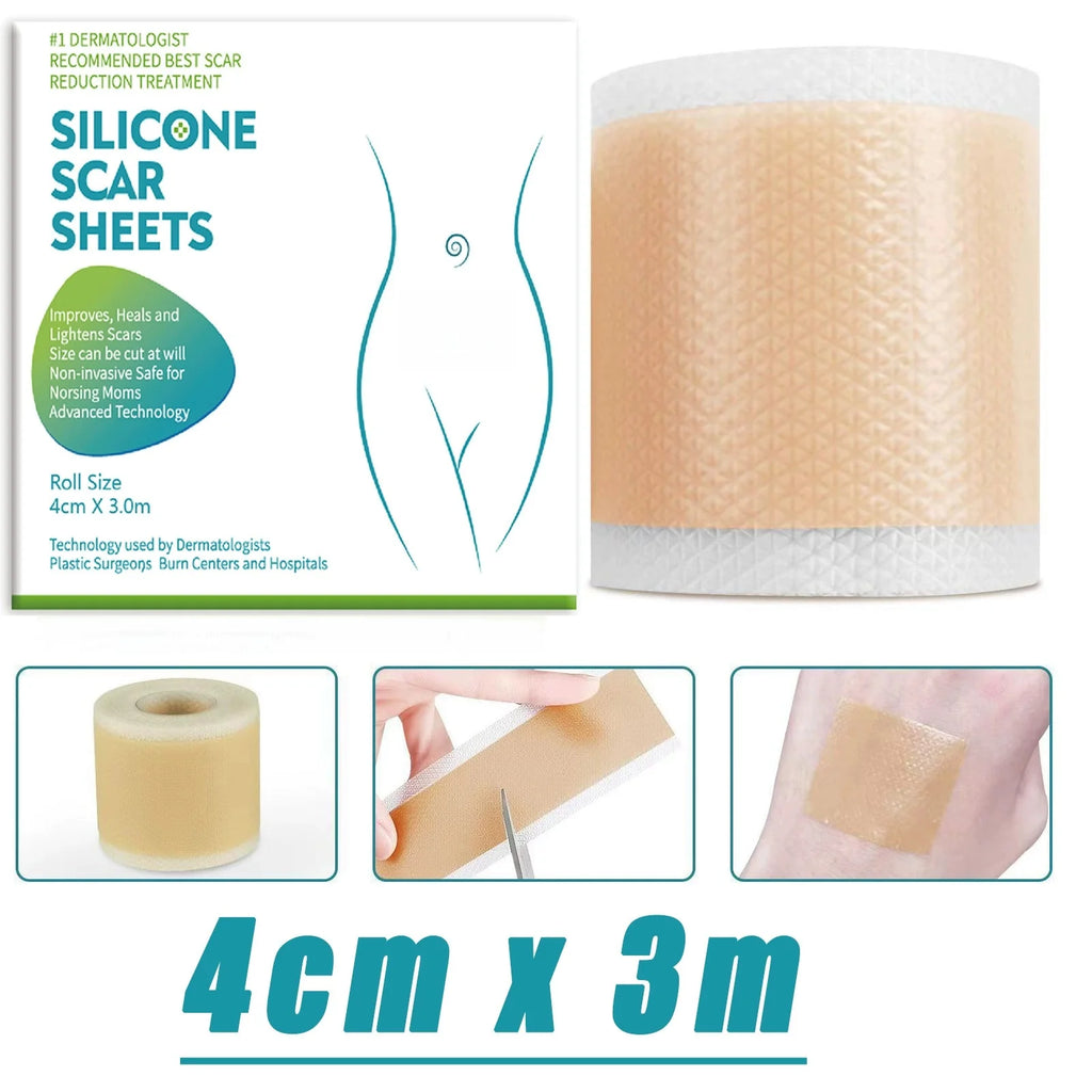 4cm x 3m silicone scar sheets roll for stretch marks, reusable adhesive tape patch for effective scar treatment.