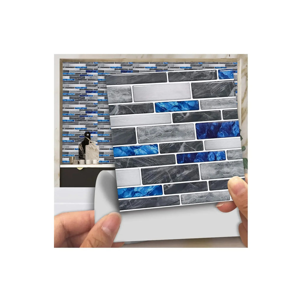 Self-adhesive 3D tile wall sticker sheet with blue and gray brick mosaic design