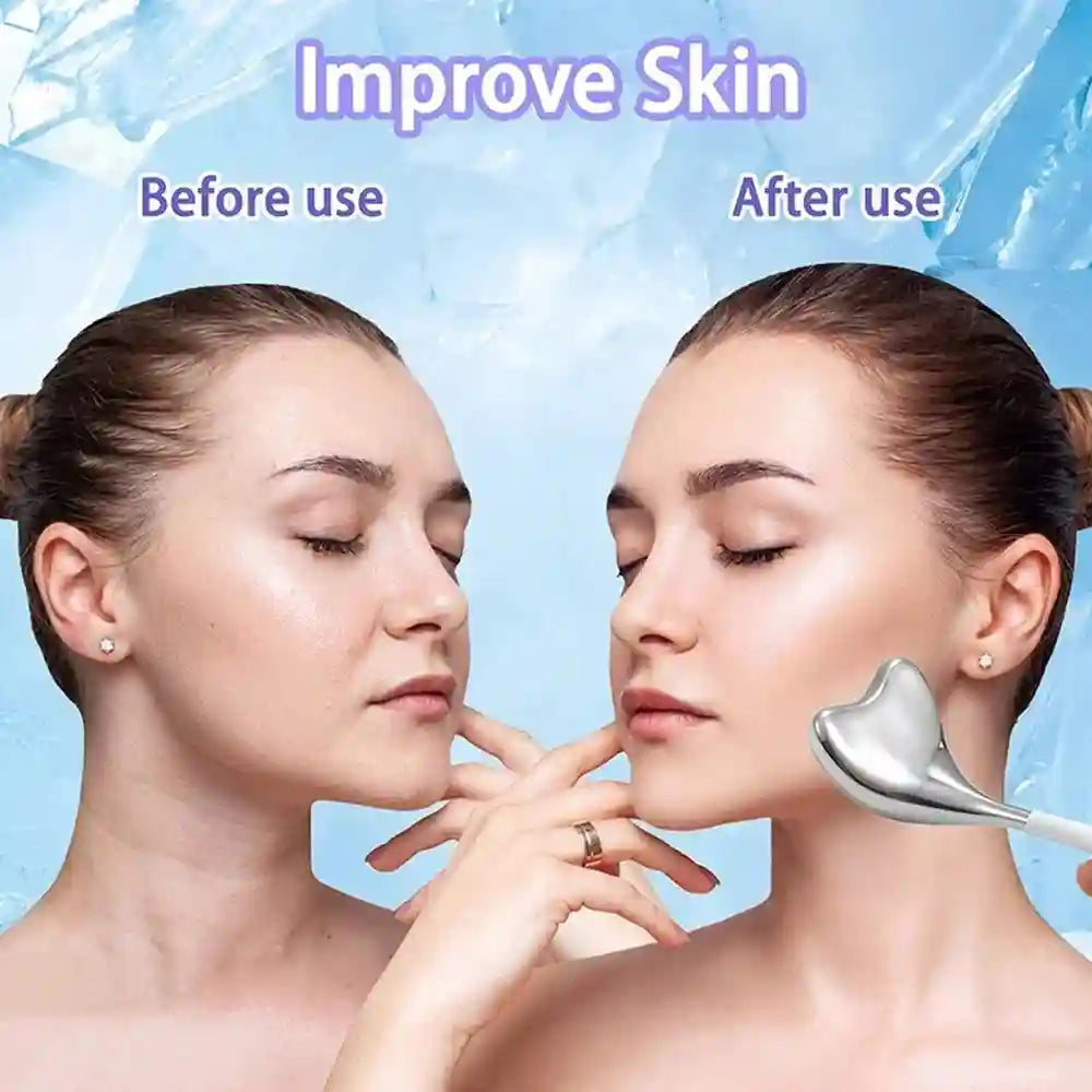 Before-and-after comparison of a woman's face using a shiny, heart-shaped silver metal facial cryo massage tool.