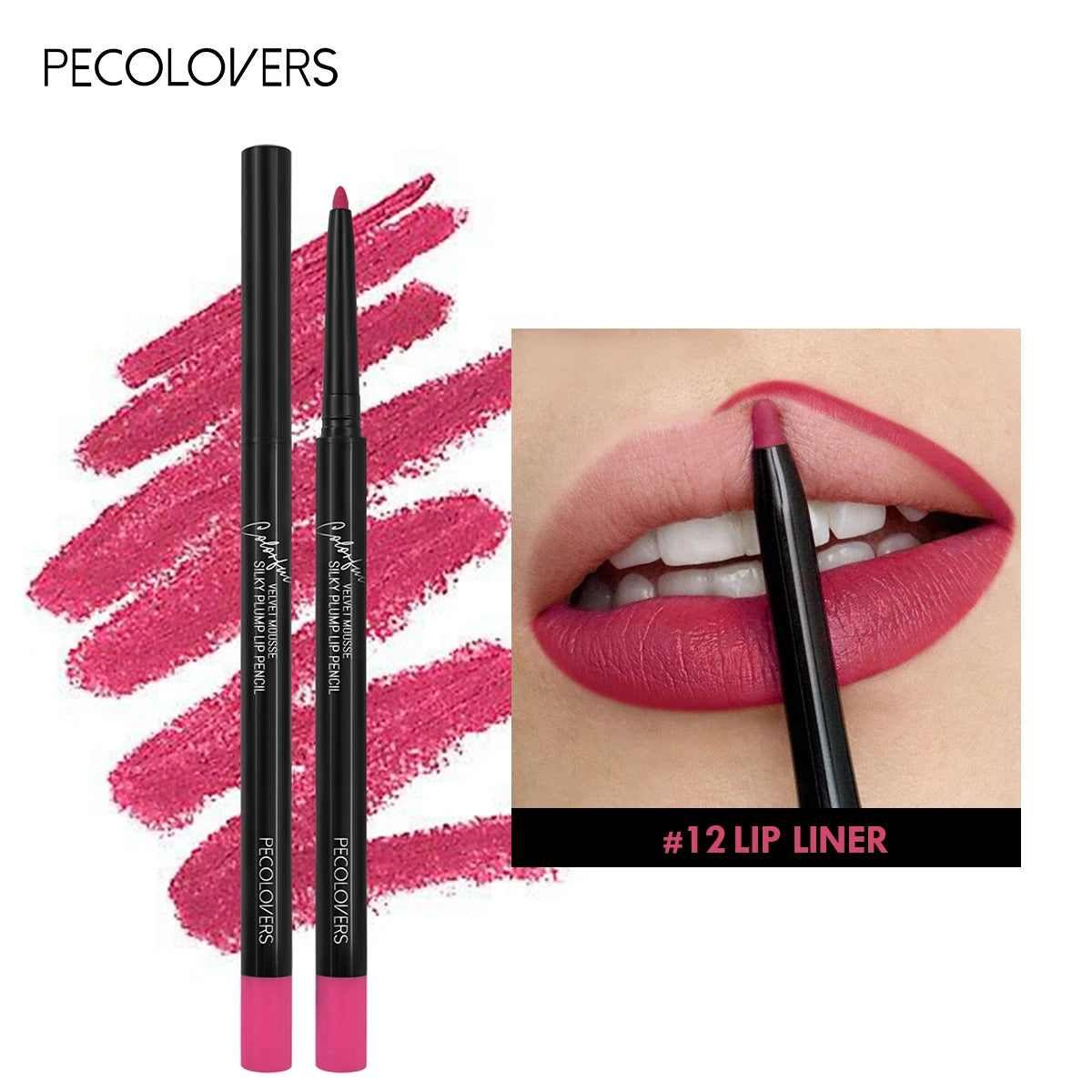 Pecolovers waterproof matte lip liner pencil in pink shade with smudge-proof, long-lasting dewy finish.