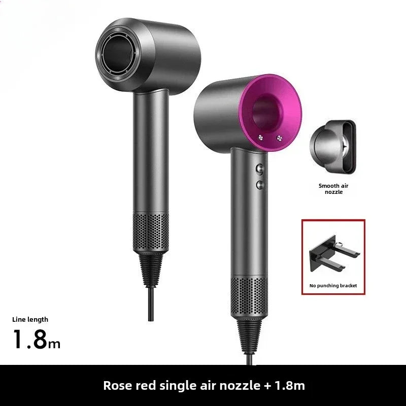 Grey and rose-red ionic hair dryer with smooth air nozzle, wall bracket, and 1.8m cord for professional styling.