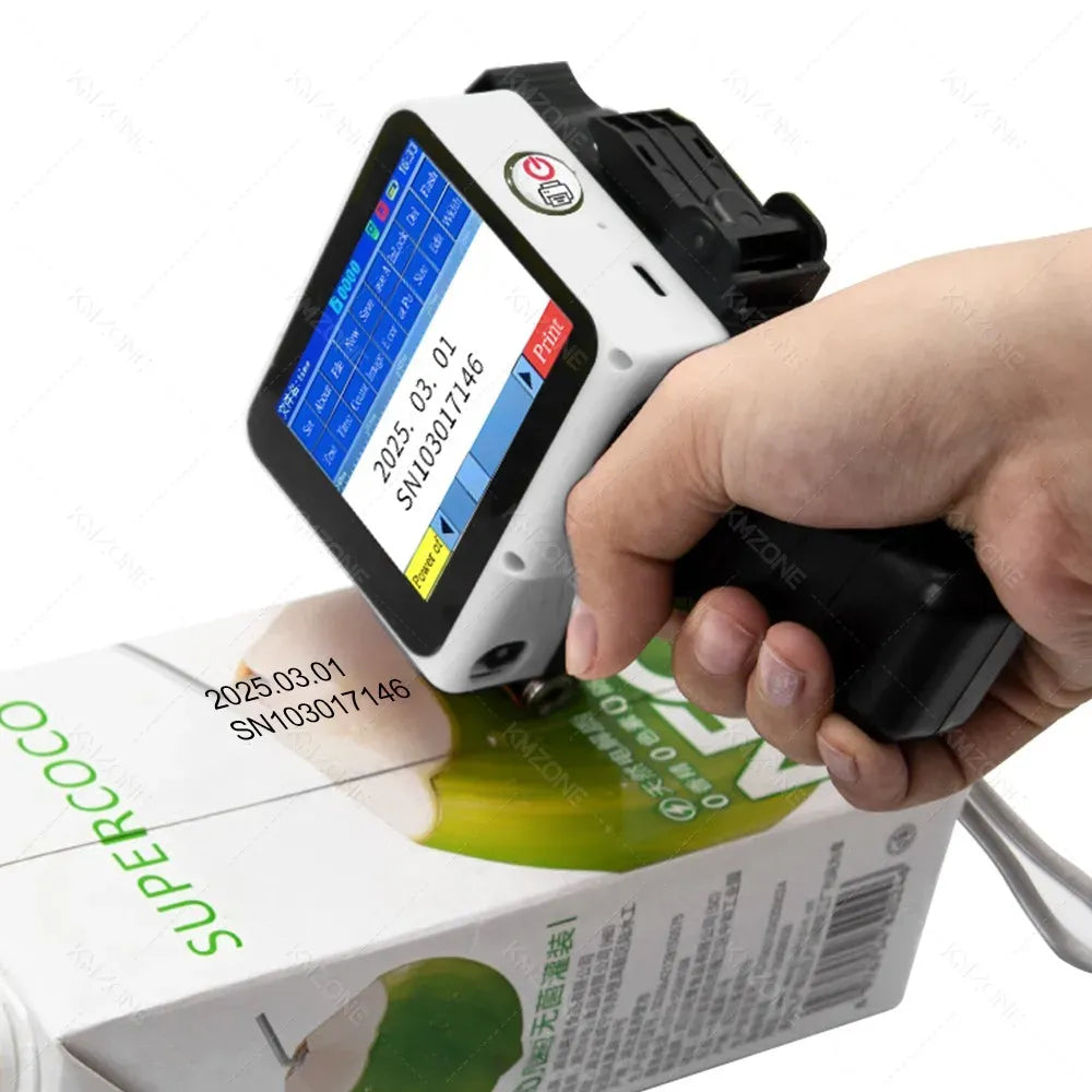 Handheld inkjet printer printing a date code onto a packaged product