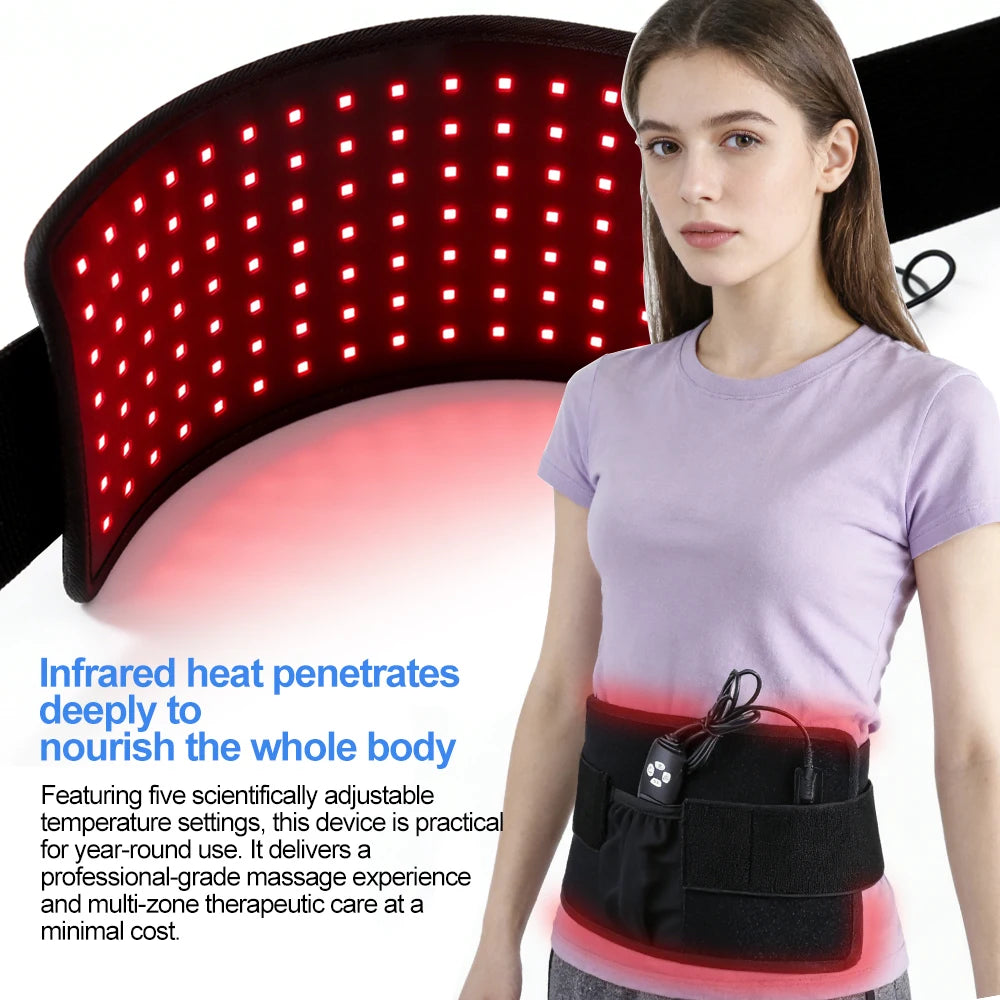 Red light therapy waist belt with 120 LEDs for back pain relief, body shaping, and infrared heat massage.
