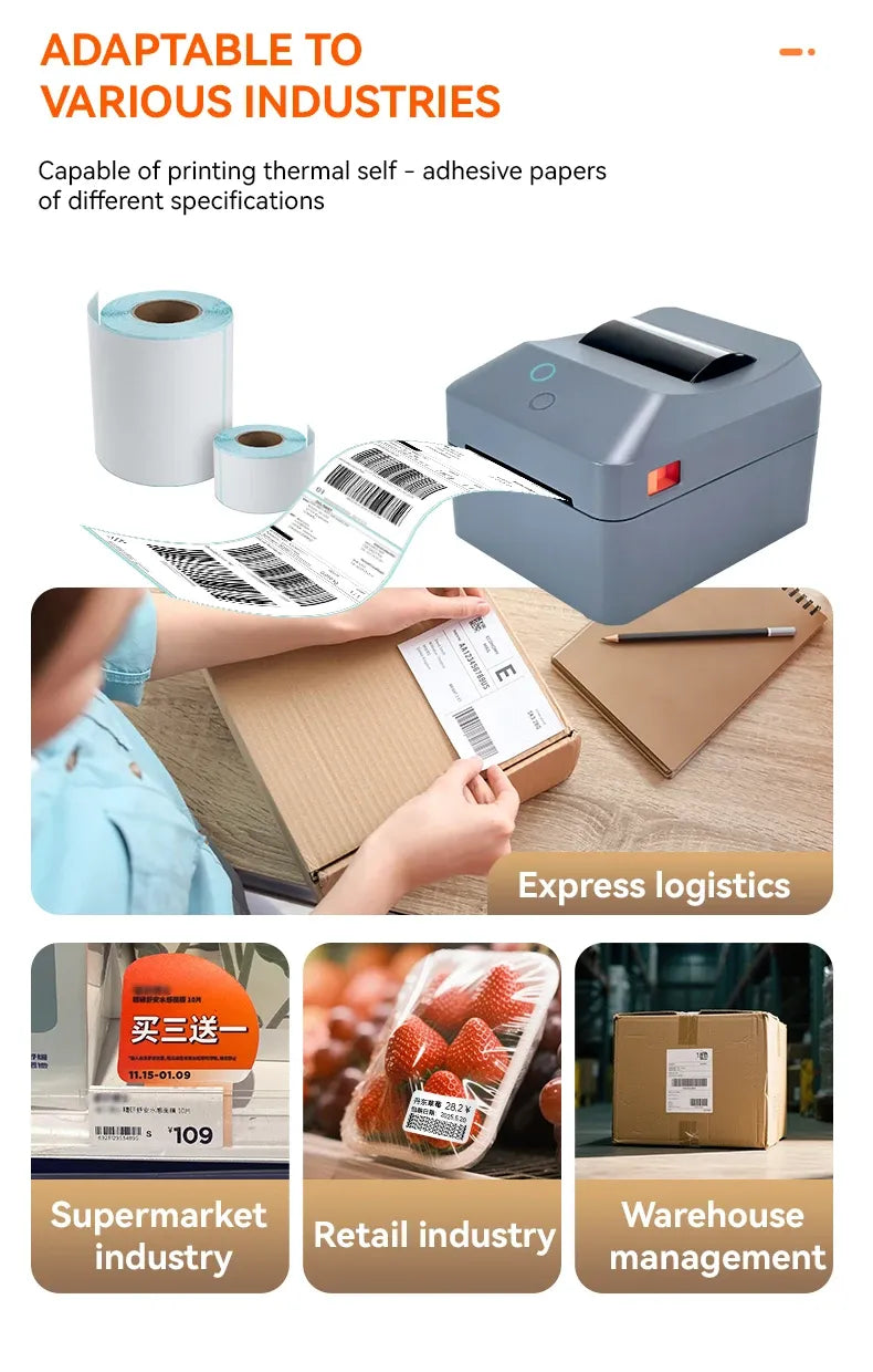 Gray thermal label printer with paper roll and printed shipping labels