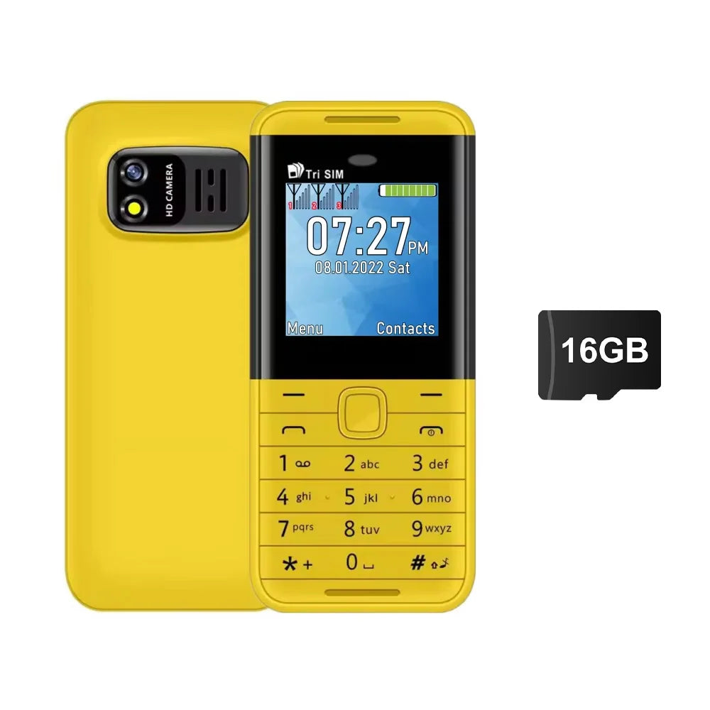 Mini triple-SIM feature phone, yellow with 16GB storage badge