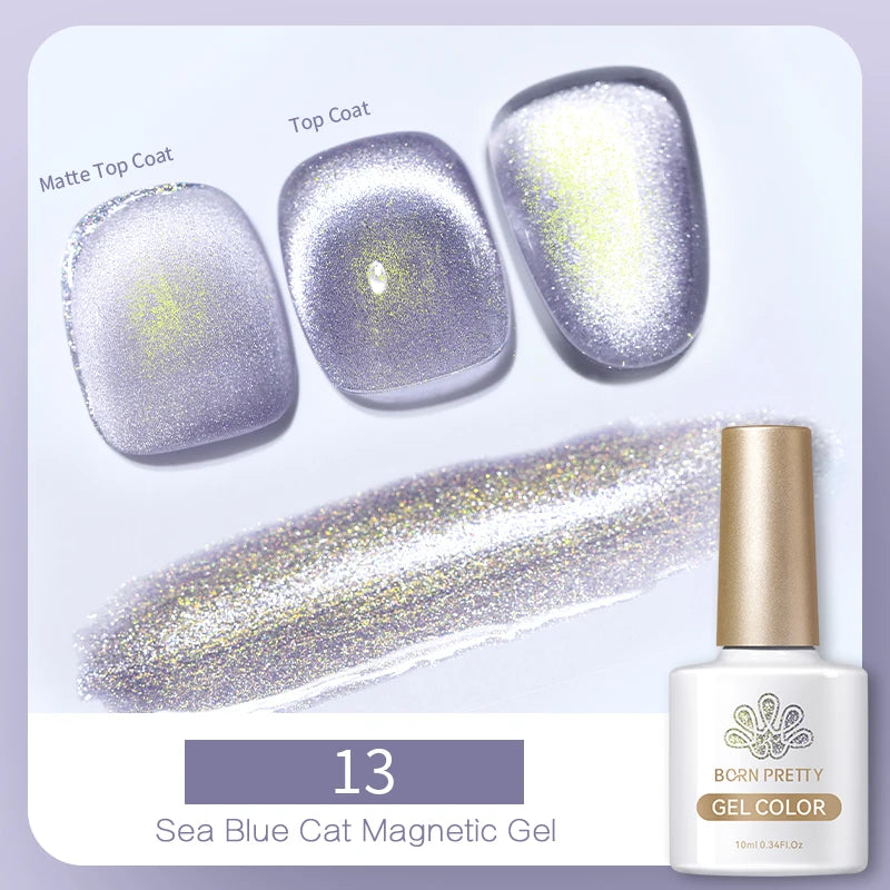 Sea Blue Cat Magnetic Gel nail polish with gold cap, shown with matte and glossy swatches on curved nail tips.
