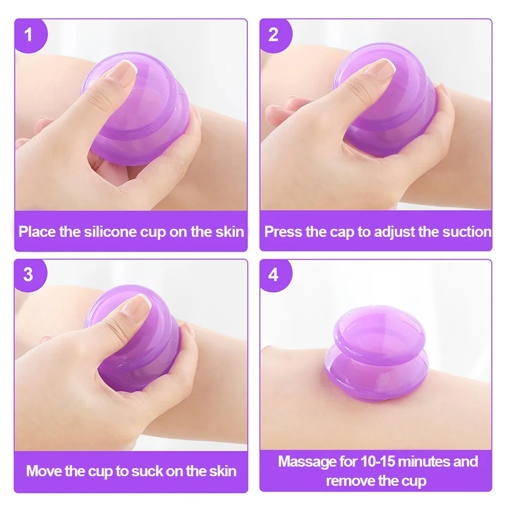 Four-panel instruction guide showing how to use a purple silicone vacuum suction cup for massage therapy.