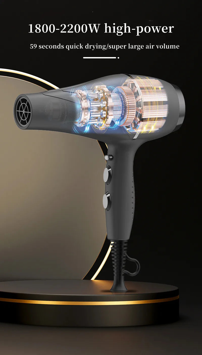 Black 2200W professional high-speed hair dryer with internal motor design for quick drying and salon-quality results.